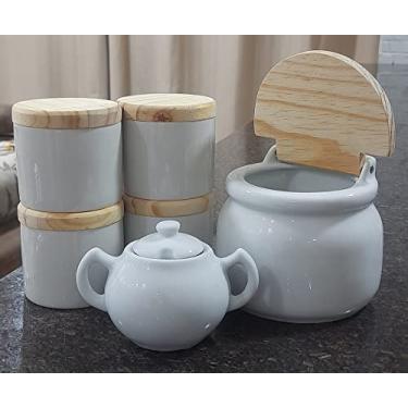 Imagem de Kit Cozinha - Saleiro 1kg + kit 4 porta condimentos 250ml + Açucareiro 250ml - Porcelana Branca e Bege
