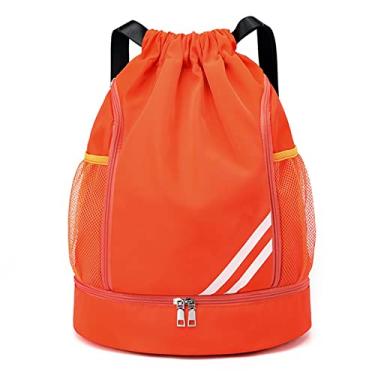 Imagem de Mochila Saco Corda,Saco de desporto à prova de água-Saco de ginástica com compartimento para sapatos e bolsos laterais de malha para basquete,roupas esportivas,equipamentos de natação Sritob Laranja