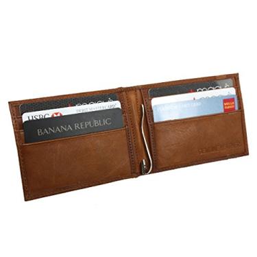 Imagem de Carteira masculina de couro de cordeiro com clipe de mola para dinheiro e bolso frontal compacto, Marrom, One Size