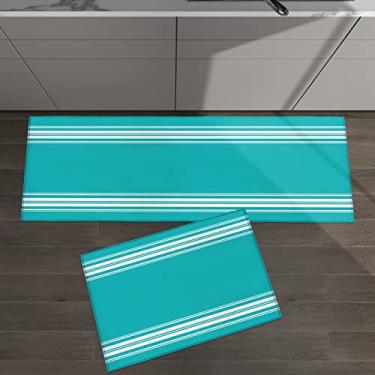 Imagem de Conjunto de 2 tapetes de cozinha com listras azul-petróleo para decoração de casa de fazenda para tapetes acolchoados e tapetes antiderrapantes absorventes corredor confortável tapete de pé