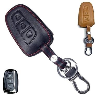Imagem de Capa couro chave presencial 3 botão ix35 New Tucson Creta Azera Hb20s Elantra Sonata Fé sonata (COURO PRETO)