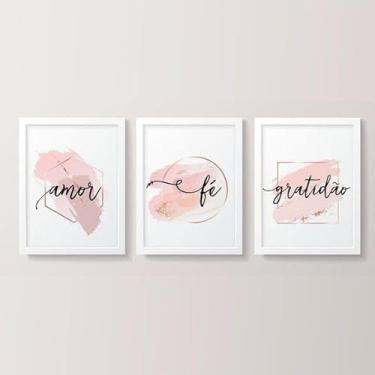 Imagem de Kit 3 Placas Decorativas Amor Fé Gratidão Rosa Sala Quarto