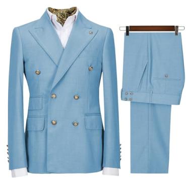 Imagem de Conjunto masculino de 2 peças de terno trespassado, slim fit, smoking, para casamento, negócios, blazer e calça, Azul claro, XX-Large