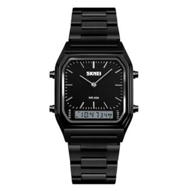 Imagem de Gosasa Relógio de pulso feminino masculino quadrado multifunções com mostrador duplo, pulseira de aço inoxidável, analógico, relógios esportivos, Preto, Digital