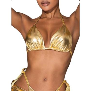 Imagem de WDIRARA Top de biquíni triangular, feminino, metálico, brilhante, sem fio, sutiã de festa, Dourado, P