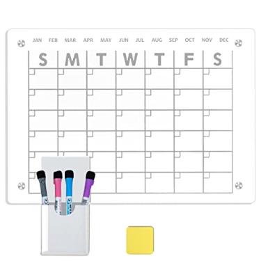 Imagem de Calendário magnético acrílico para conjunto de geladeira, quadro branco transparente de planejamento de 43 cm x 30 cm, calendário apagável a com 4 marcadores e suporte de caneta, planejador de