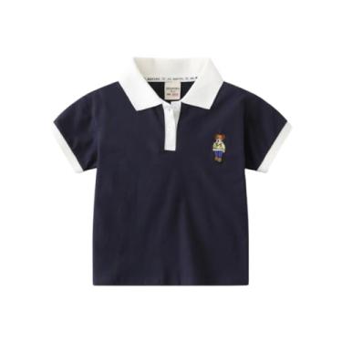 Imagem de Yueary Camiseta polo infantil com botão e gola V, manga curta, gola V, estampa fofa de urso, bordado, Azul-marinho, 120/4-5 Y