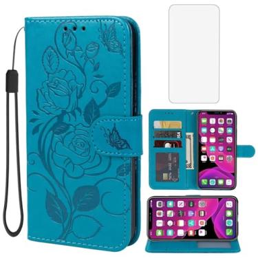 Imagem de Vavies Capa para iPhone 11 Pro 5.8 Capa carteira com protetor de tela de vidro temperado, capa de telefone com suporte para cartão de crédito de couro floral para iPhone 11 Pro Azul