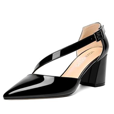 Imagem de MOVINSTEPS Sapato feminino de bico fino, formal, grosso, patente D'Orsay, tira ajustável, fivela de vestido, salto médio, 6 cm, Preto, 8.5