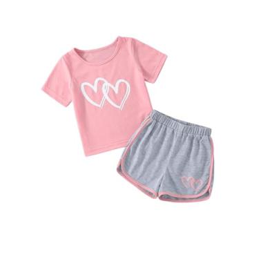 Imagem de Floerns Conjunto de 2 peças para meninas, camiseta de manga curta e short com estampa de coração, Rosa e cinza, 4 Anos