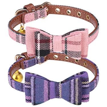 Imagem de PUPTECK Coleira de cachorro com sino – 2 pacotes de coleira xadrez pequena para cães com pingente ajustável gravata borboleta de couro macio para gatinhos e filhotes, roxo e rosa