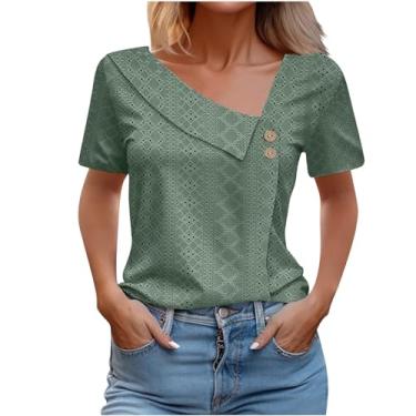 Imagem de Camiseta feminina de verão com ilhós, cor sólida, gola V, botões, caimento solto, casual, túnica para sair, Ag, M
