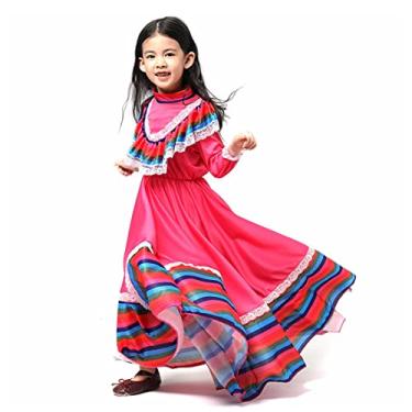 Imagem de CAFELE Vestido tradicional mexicano para meninas, estilo nacional, vestido de princesa, fantasia de Halloween, carnaval, festa de aniversário, Vermelho, PP