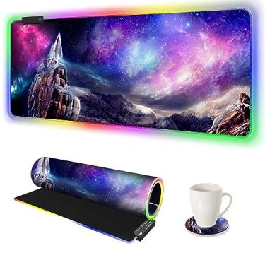 Imagem de ARTSO Mouse pad para jogos RGB, mouse pad grande de LED macio estendido com 14 modos de iluminação, 2 brilho, teclado resistente à água, tapete de mouse de computador 90 x 39,9 cm, montanhas