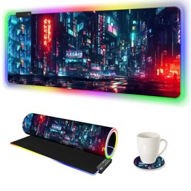 Imagem de ARTSO Mouse pad para jogos RGB grande, mouse pad de LED macio estendido com 14 modos de iluminação, 2 brilho, teclado resistente à água, tapete de mouse de computador 90 x 39,9 cm, cidade noturna