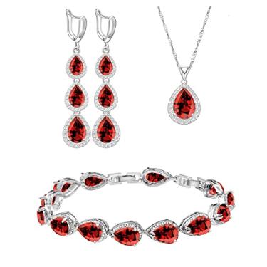 Imagem de LMXXVJ Conjunto de colar e brincos longos, pulseira banhada a ouro branco, safira azul, conjunto de joias de presente de festa de casamento para mulheres, madrinha de casamento, Cobre, Safira sintética