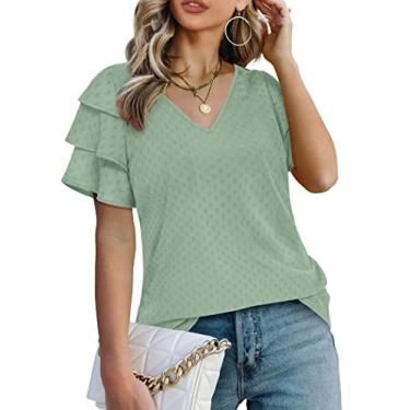 Imagem de Bofell Camiseta feminina de manga curta enrolada com gola V casual de verão com bolso, 2 - turquesa, M