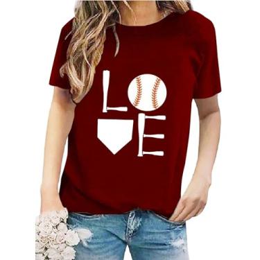 Imagem de Duobla Camiseta feminina de beisebol, manga curta, estampada, moderna, verão, fofa, casual, folgada, básica, moda 2024, Vinho, 3G