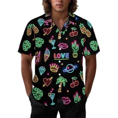 Imagem de Joyidec Camisa masculina havaiana casual de botão manga curta tropical férias férias Aloha camisa masculina divertida, Sinal fashion Love, G