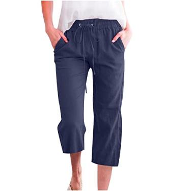 Imagem de Lainuyoah Calça feminina de linho cropped de perna reta cintura alta cintura larga 2024 calça solta de verão lisa, C - Azul-marinho, GG