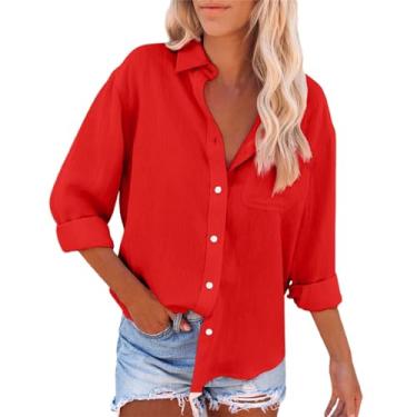 Imagem de Camisetas femininas de verão 2024, manga comprida, gola sem rugas, gola V, trabalho, escritório, túnica de chiffon, Ofertas relâmpago vermelho, G