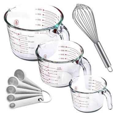 Imagem de Conjunto de 3 copos medidores de vidro com colheres de medição e batedor - Tigela de mistura de cozinha, copo medidor de líquido, utensílios de vidro. 1 xícara, 2 xícaras, 4 xícaras.