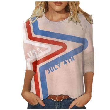Imagem de Camisetas femininas de manga 3/4 com gola redonda e estampa do Dia da Independência Plus Size para mulheres 2024 Roupas confortáveis, A07-cáqui, G