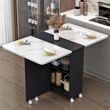 Imagem de JJXDYM Mesa de Jantar Dobrável e Expansível, Mesa de Cozinha Moderna com Armazenamento em Prateleira Dupla, Mesa de Jantar Preta com 6 Rodas, Tamanho 140x70x77cm