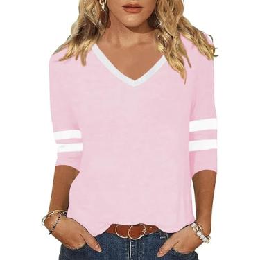 Imagem de ZUNQKG Camiseta feminina gola V manga 3/4 raglã patchwork macio casual moderno verão blusa tops tops, 01 - rosa bebê, GG