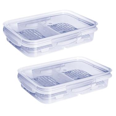 Imagem de " Kit 2 Pote Hermético Retangular 1,0 Litro Porta Frios Empilhável com Escorredor e Divisória Para Frios Queijo Mussarela e Presunto Frutas Verduras e Legumes 4 Travas e Anel de Vedação em Silicone "