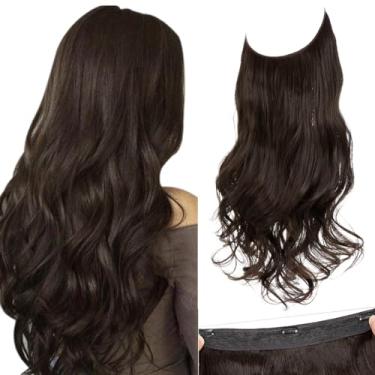 Imagem de SARLA Extensões de cabelo marrom escuro invisível com 3 clipes longos sintético ondulado encaracolado tiara transparente ajustável para mulheres 45,7 cm