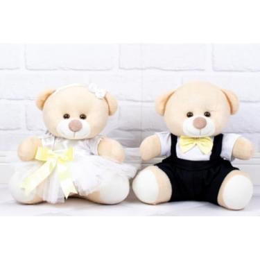 Imagem de PELUCIA URSO CASAL TEDDE PAJEM PRETO, DAMINHA BRANCA - 15CM/ PARA DECORAÇÃO (detalhes amarelo)