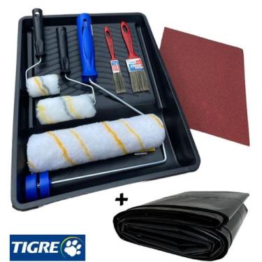 Imagem de Kit Pintura De Parede Rolo Lã Lixa E Pincel + Lona C/ 13 Pçs - Tigre