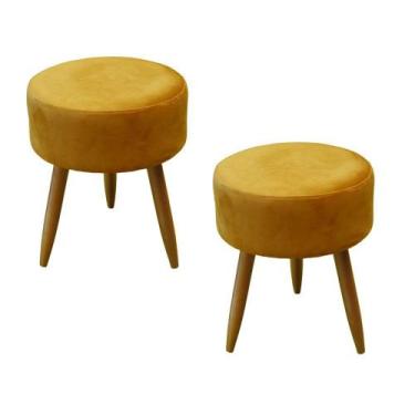 Imagem de Kit 02 Puffs Banqueta Redondo Classic Suede Amarelo Pés Madeira Palito