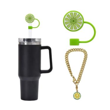 Imagem de 2 peças de 10 mm tampa de tampa de palha de limão acessórios contêm acessórios de charme para copo Stanley, capas de cobertura de palha de silicone de frutas fofas para copo 30 e 40 0z com alça, tampa