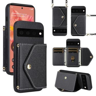 Imagem de Dibosom Capa carteira minimalista para Google Pixel 6 com alça de ombro, 6 compartimentos para cartões, fina e fina, suporte para cartão de crédito de couro PU, acessórios para celular para Pixel6