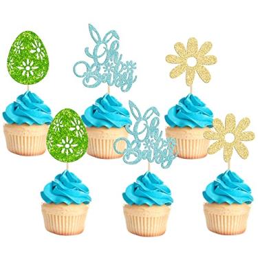 Imagem de 24Pcs Easter Oh Baby Cupcake Toppers Blue Glitter Babyshower Cake Picks Happy Easter Cake Decorations Bunny Easter Theme Boy Spring Theme Babyshower Birthday Party Decorations