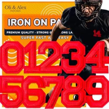 Imagem de Oli and Alex Remendos de ferro de 6 cm - 10 peças de números de remendos para roupas - Super cola - Sem necessidade de costura - patch bordado equipe de futebol escola universidade - apliques de número DIY cor vermelha