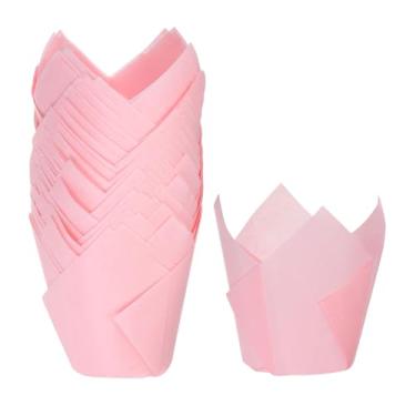 Imagem de HARFINGTON 50 peças de forros de cupcake de tulipa copos de papel padrão para assar embalagens à prova de gordura descartáveis para banquetes de aniversário, festa rosa