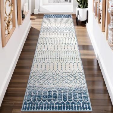 Imagem de Lahome Tapete de corredor, 5 x 20 cm, lavável, antiderrapante, tapete azul, estampa geométrica marroquina, tapete interno para entrada, lavanderia, quarto