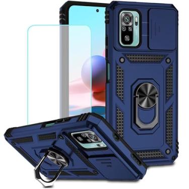Imagem de Vokuha Capa para Redmi Note 10 (4G)/Redmi Note 10S, capa M2101K7BG com protetor de tela de vidro temperado e capa de câmera deslizante, capa magnética com suporte de anel giratório de 360° para Xiaomi