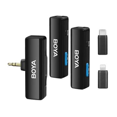 Imagem de BOYA Microfone de lapela sem fio A2 da Boyalink para iPhone/Android/câmera, sistema de microfone duplo de lapela multifuncional e entradas Lightning e USB-C para smartphones/DSLR YouTube, Facebook