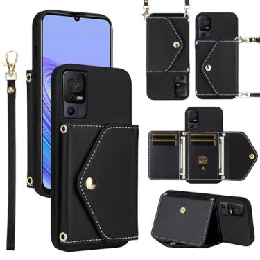 Imagem de Dswteny Capa carteira para TCL 40 SE com cordão de pulso alça de ombro fina bolsa flip fina, suporte de cartão de crédito de couro PU de luxo acessórios capa para celular para 40SE T610K mulheres