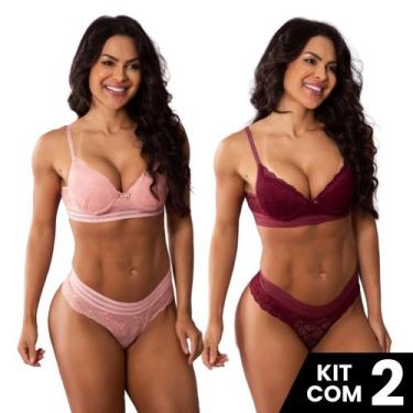 Imagem de Kit 2 Conjuntos Sutiã Bojo e Calcinha Renda Com Elástico na Cintura - 