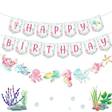 Imagem de Banner Under the Sea Happy Birthday - Decorações de festa de aniversário do oceano para meninas, artigos de festa de criaturas marinhas com tema submarino para 1º 2º terceiro aniversário de crianças