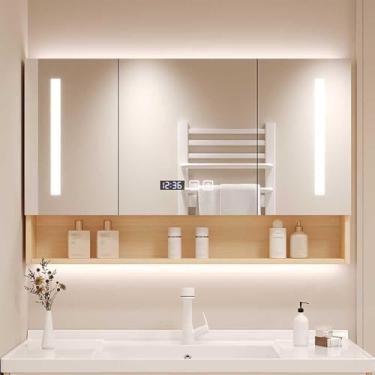 Imagem de Armário de armazenamento para banheiro, 3 camadas, 2 portas, armário de medicamentos inteligente de LED com luzes, interruptor de toque, 78 x 70 x 12 cm, armário espelhado antiembaçamento montado na