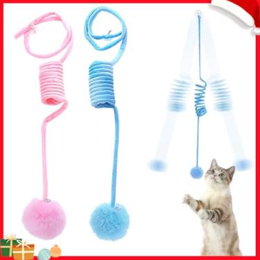 Imagem de Mankoda Bola de brinquedo de pelúcia para pendurar, brinquedos interativos para gatos internos com sino, brinquedo de molas para gatos para se manter ocupado/reduzir o tédio, 203 cm (azul + rosa)