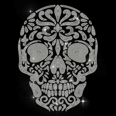 Imagem de MAYJOYDIY Mandala caveira strass ferro em hotfix strass aplicação de transferência de caveira mexicana decalque de transferência de calor reparação de roupas patch de cristal para roupas, sapatos,