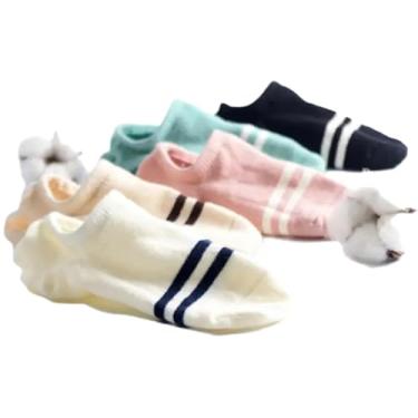 Imagem de chanstore Meias curtas para estudantes primavera e verão cor sólida tipo barco respirável invisível meias listradas semiocultas tipo 5 pares/bolsa