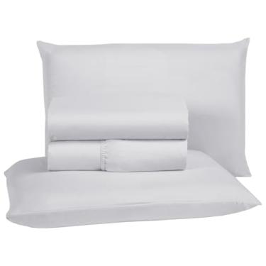 Imagem de Jogo de Lençol Casal 400 Fios Micro Percal Toque Aveludado 4 Peças Roupa de Cama com Elástico e Fronhas (Branco)